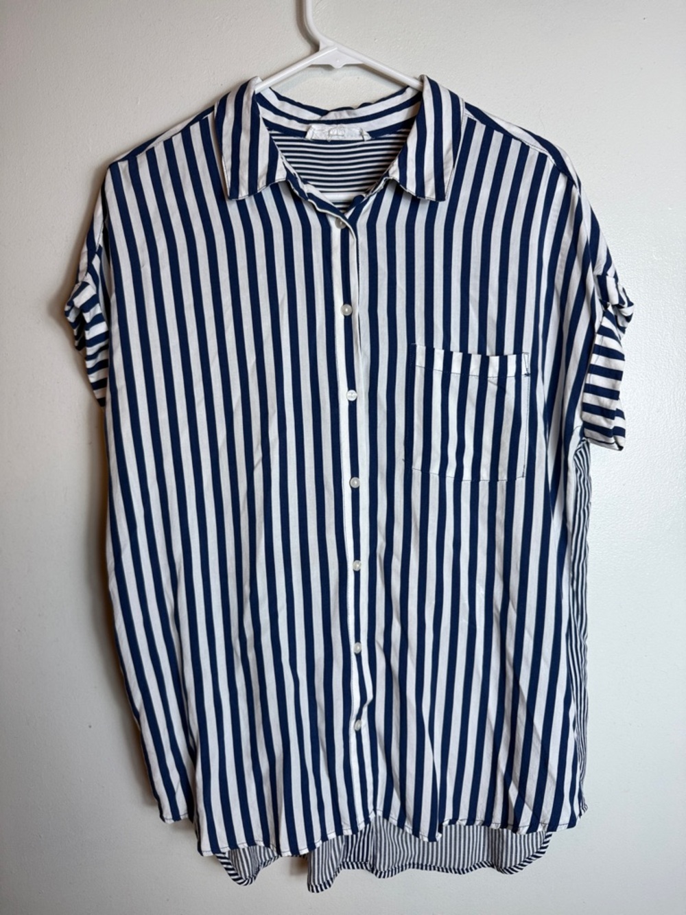 Jane Delancey Striped Blouse Blue White Medium Summer Beach Nautical Roll Sleeve